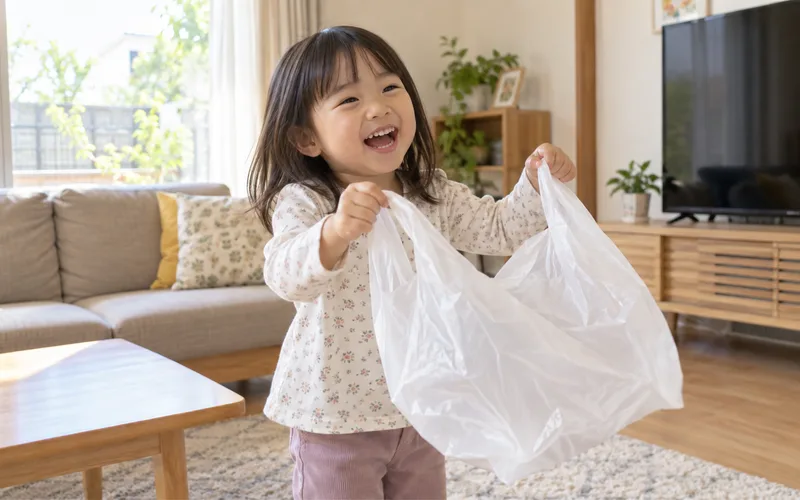 ビニール袋シャカシャカ遊びで遊ぶ子ども