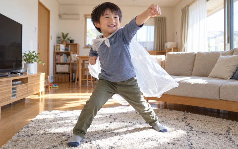 ビニール袋変身マントで遊ぶ子ども