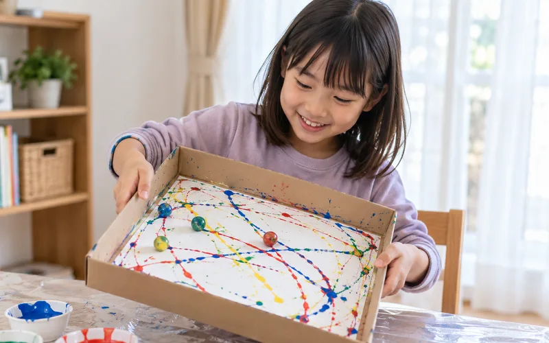 ビー玉ころころペインティングで遊ぶ子ども