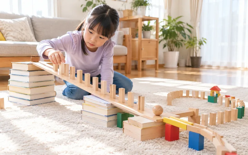 ピタゴラ装置づくりで遊ぶ子ども