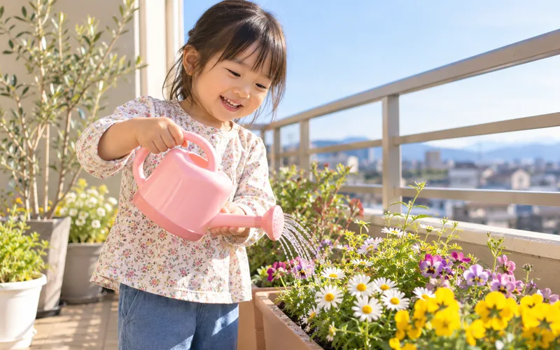 プランターの水やり当番で遊ぶ子ども