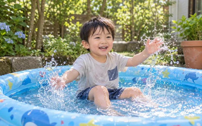 ベビープールで水遊びで遊ぶ子ども