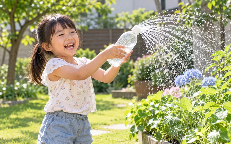 ペットボトルシャワーで遊ぶ子ども