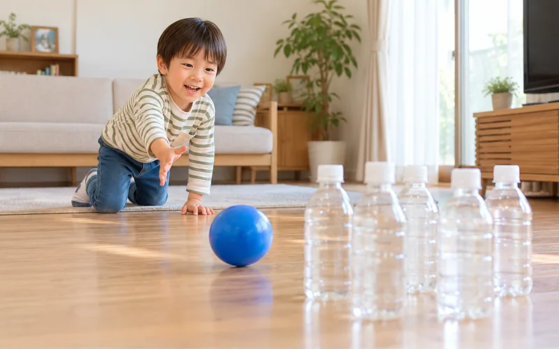 ペットボトルボウリングで遊ぶ子ども