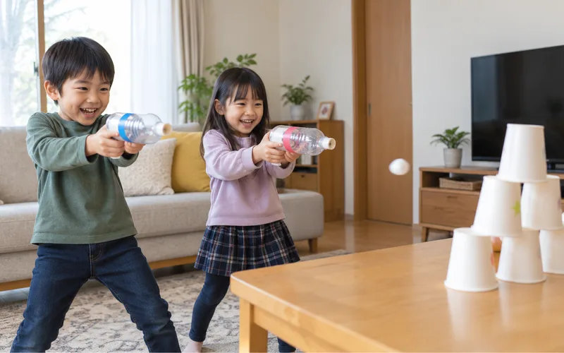 ペットボトル空気砲遊びで遊ぶ子ども