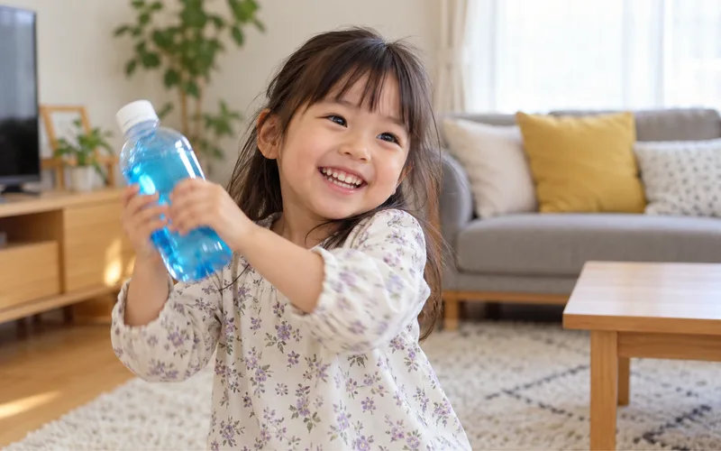 ペットボトル色水シェイカーで遊ぶ子ども