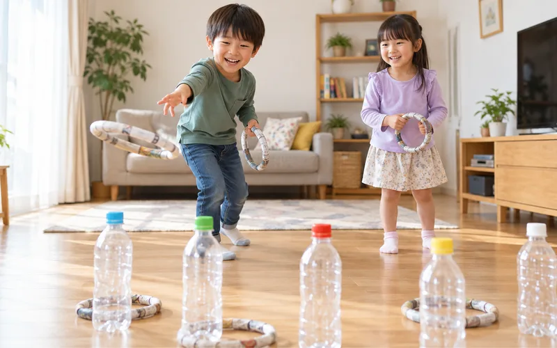 ペットボトル輪投げで遊ぶ子ども
