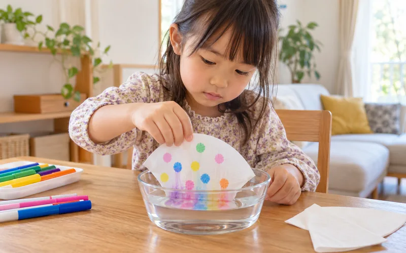 ペン色にじみ分解実験で遊ぶ子ども