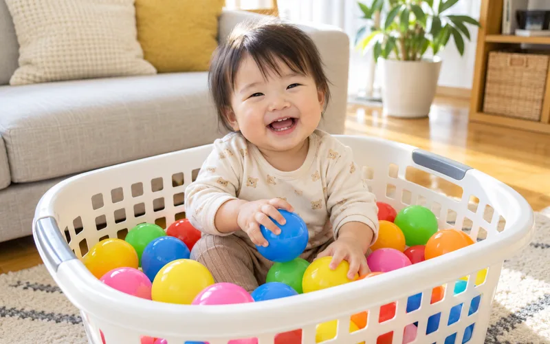 ボールプールごっこで遊ぶ子ども