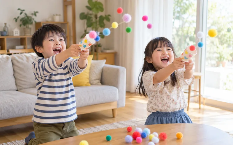 ポンポンシューターで遊ぶ子ども