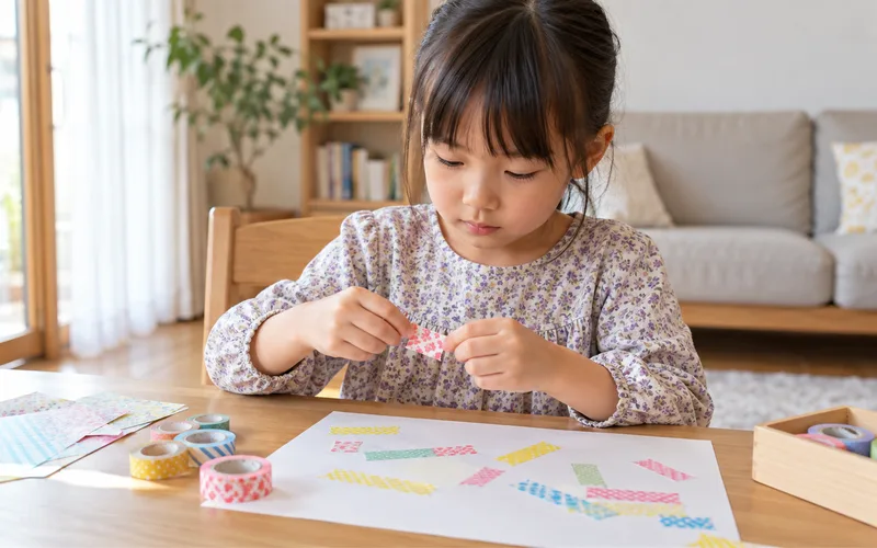 マスキングテープちぎり絵で遊ぶ子ども