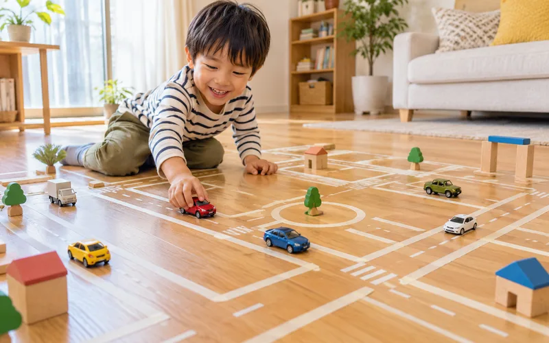 ミニカーのマステ道路で遊ぶ子ども