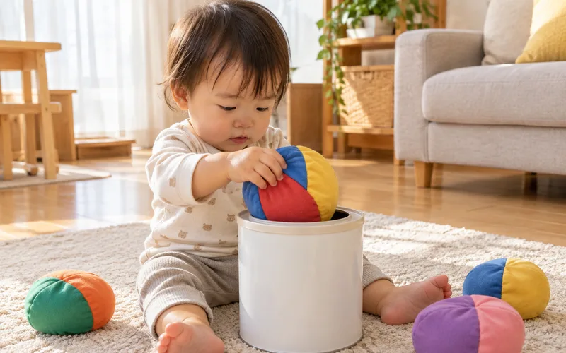 ミルク缶ぽっとん落としで遊ぶ子ども