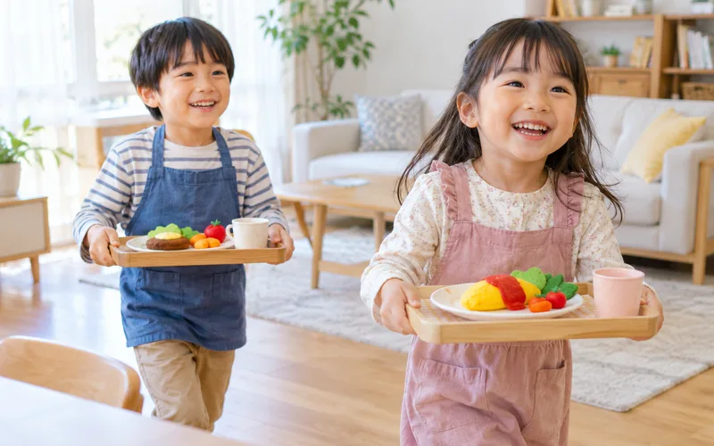 レストランウェイターごっこで遊ぶ子ども