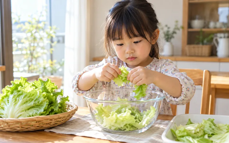 レタスちぎりお手伝いで遊ぶ子ども
