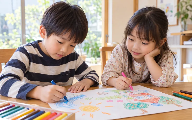 交代お絵かきリレーで遊ぶ子ども