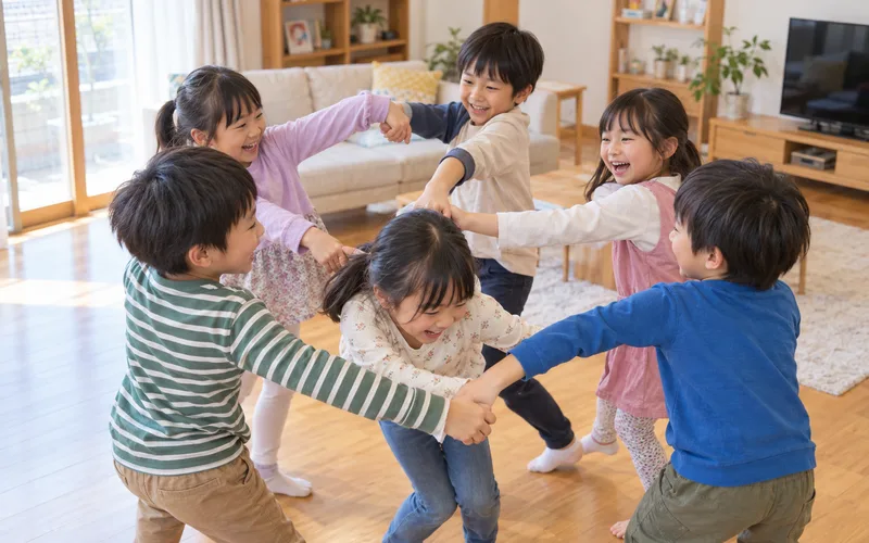人間知恵の輪で遊ぶ子ども