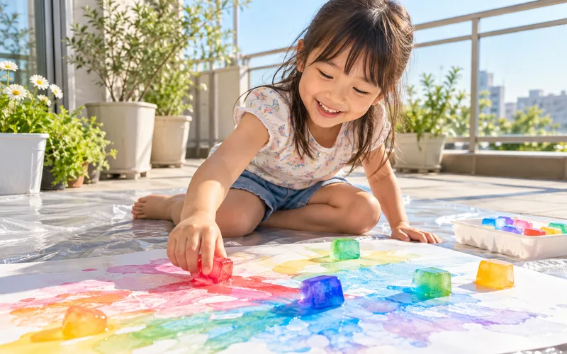 凍らせ絵の具アートで遊ぶ子ども