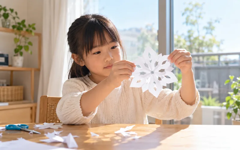 切り紙の雪の結晶で遊ぶ子ども
