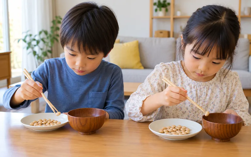割り箸お豆つかみ競争で遊ぶ子ども