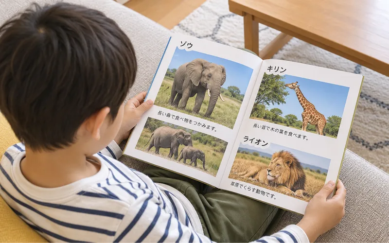 図鑑で今日の1ページで遊ぶ子ども