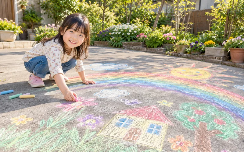 地面にチョークでお絵かきで遊ぶ子ども