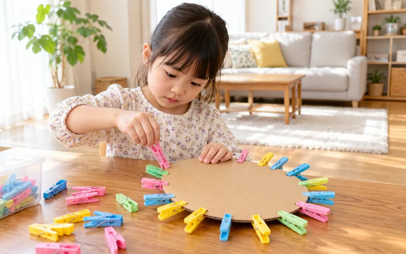 型はめ洗濯ばさみパズルで遊ぶ子ども