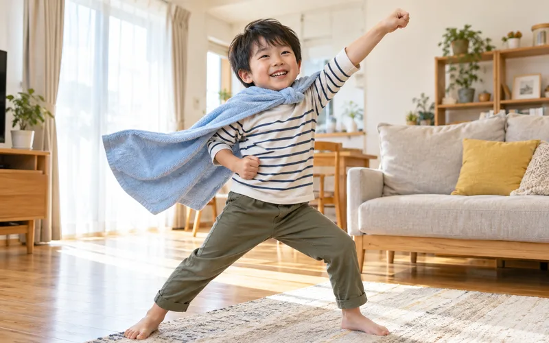 変身ヒーローごっこで遊ぶ子ども