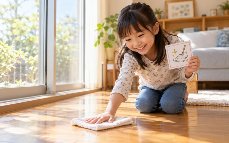 大掃除ミッションカードで遊ぶ子ども