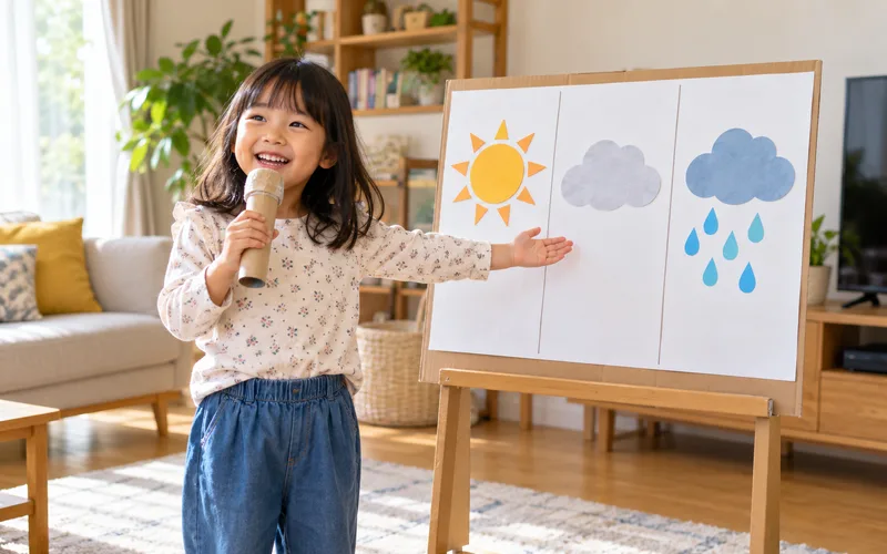天気予報士ごっこで遊ぶ子ども