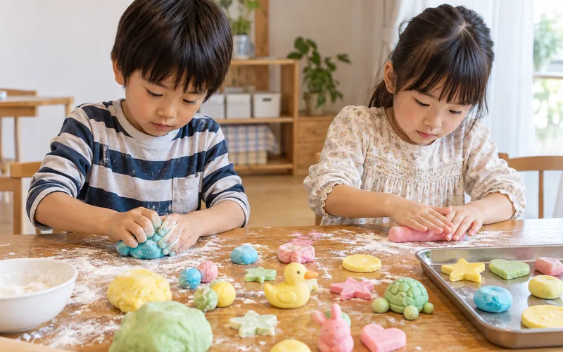 小麦粉粘土の色染めごっこで遊ぶ子ども