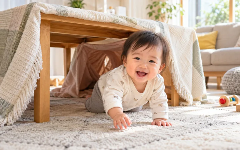 布のトンネルくぐりで遊ぶ子ども