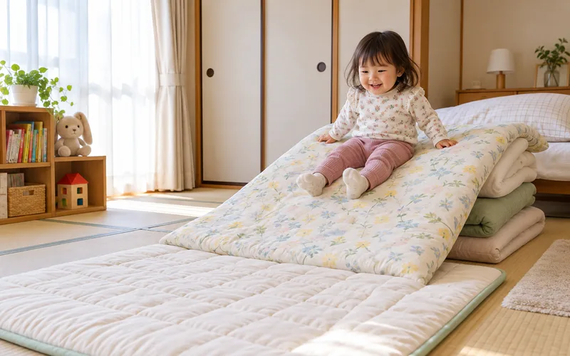 布団のゆるやかすべり台で遊ぶ子ども