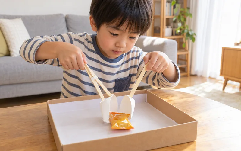 手作りクレーンゲームで遊ぶ子ども