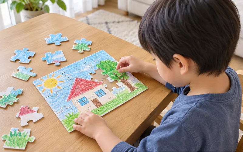 手作りジグソーパズルで遊ぶ子ども