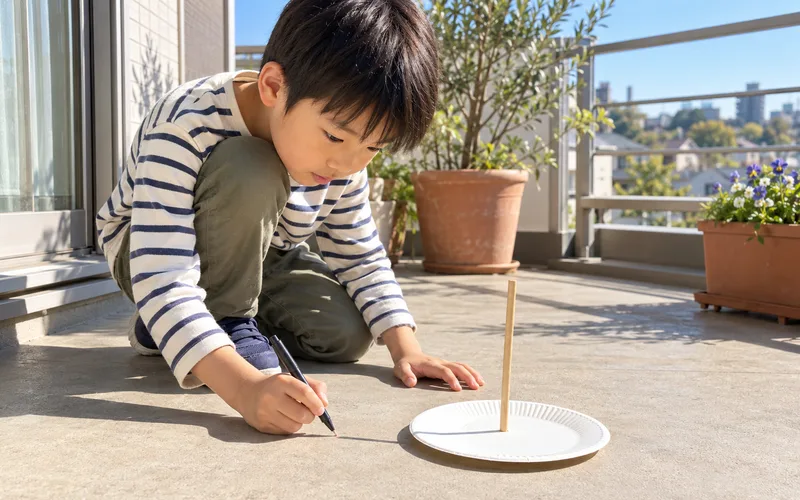 手作り日時計で遊ぶ子ども