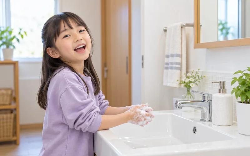 手洗いのうたで30秒で遊ぶ子ども