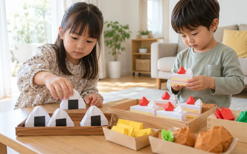 折り紙お店屋さんグッズ作りで遊ぶ子ども