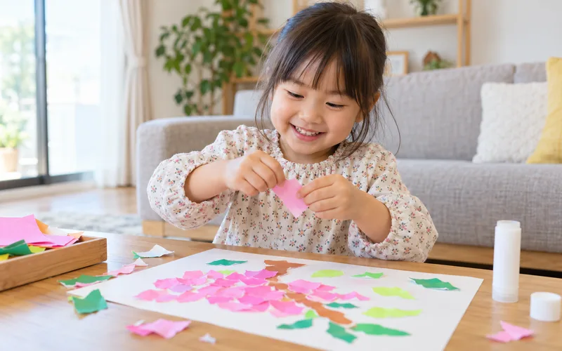 折り紙びりびりちぎり絵で遊ぶ子ども
