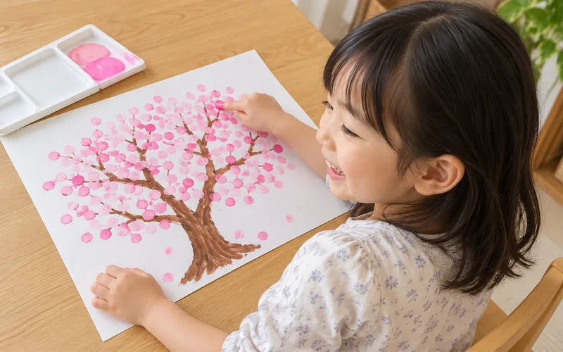 指スタンプの桜の木で遊ぶ子ども