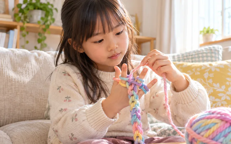 指編みで遊ぶ子ども