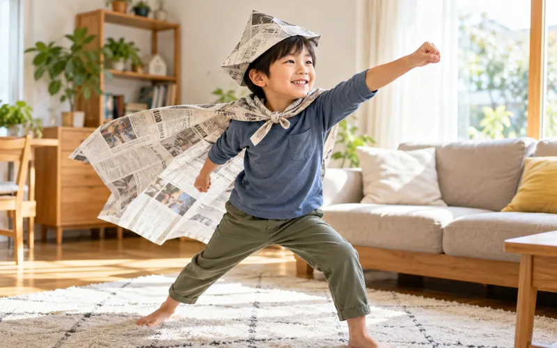 新聞紙で変身コスチュームで遊ぶ子ども