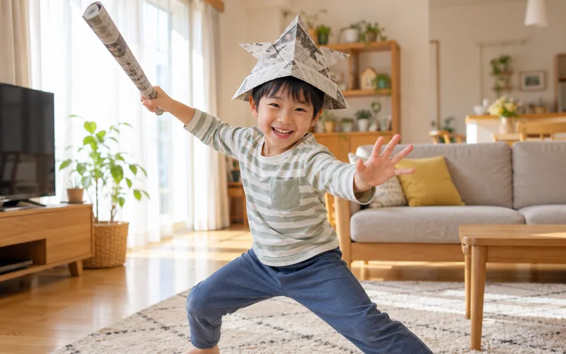 新聞紙のかぶとづくりで遊ぶ子ども