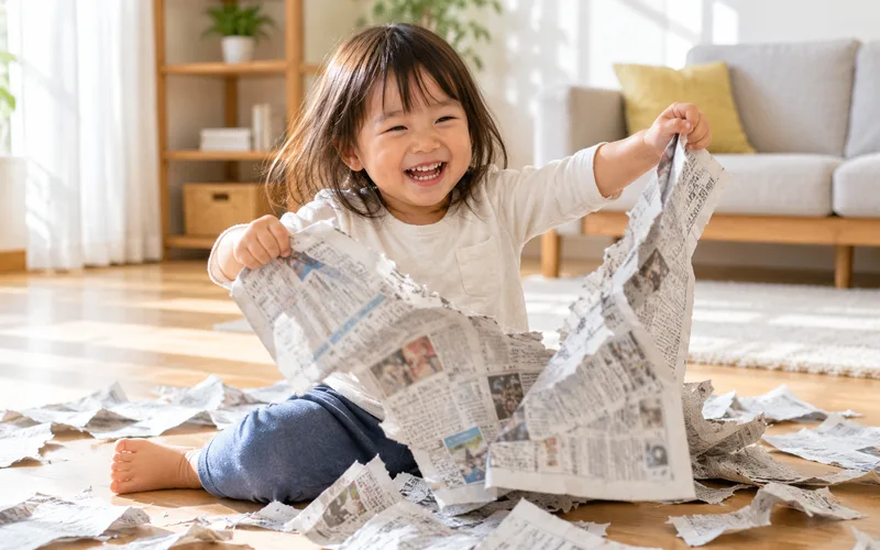 新聞紙びりびり破りで遊ぶ子ども