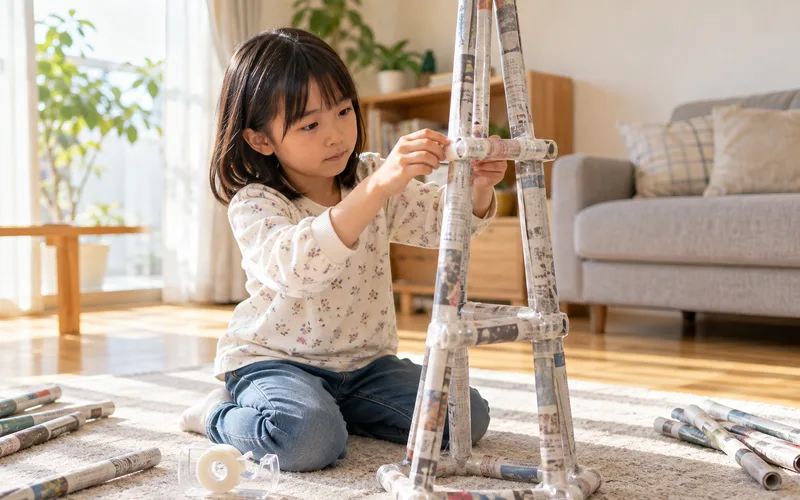 新聞紙タワー積み上げ対決で遊ぶ子ども