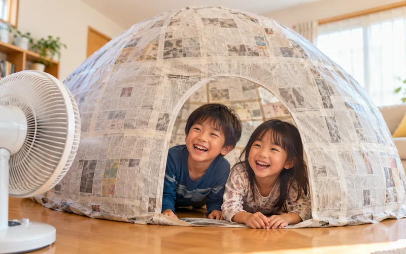 新聞紙ドームで遊ぶ子ども
