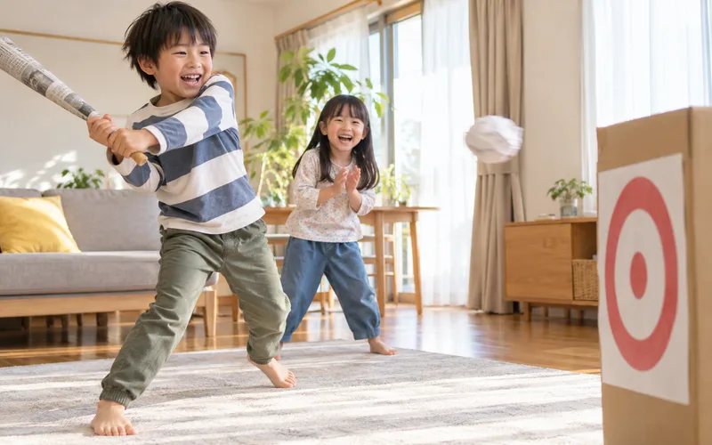 新聞紙バット的当てで遊ぶ子ども