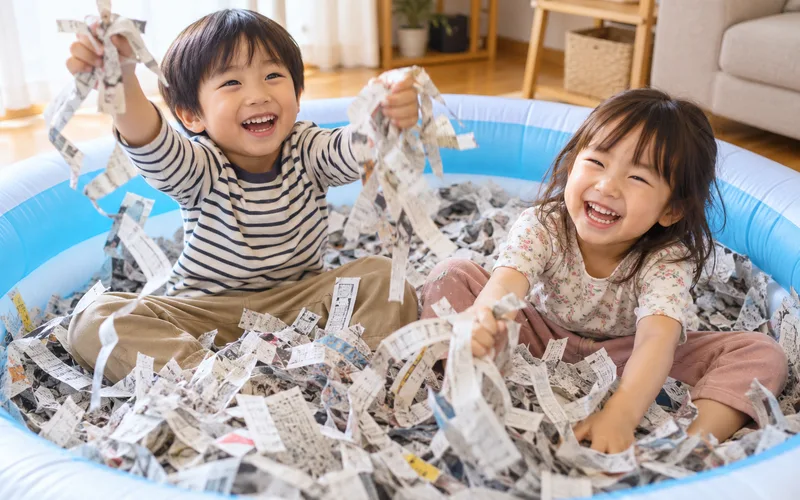 新聞紙プールで遊ぶ子ども