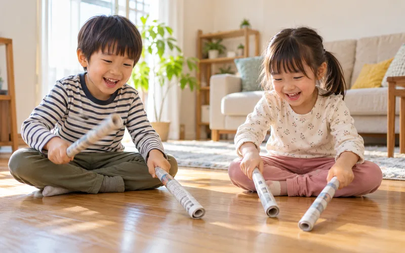 新聞紙リズムスティックで遊ぶ子ども