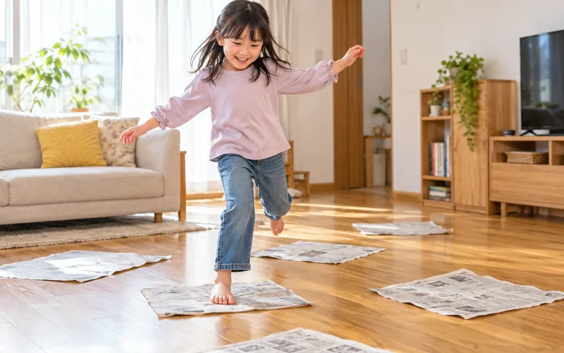 新聞紙島渡りゲームで遊ぶ子ども